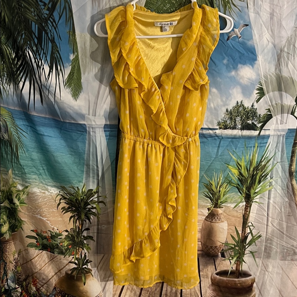 Forever 21 Yellow Ruffle Polka Dot Midi Dress